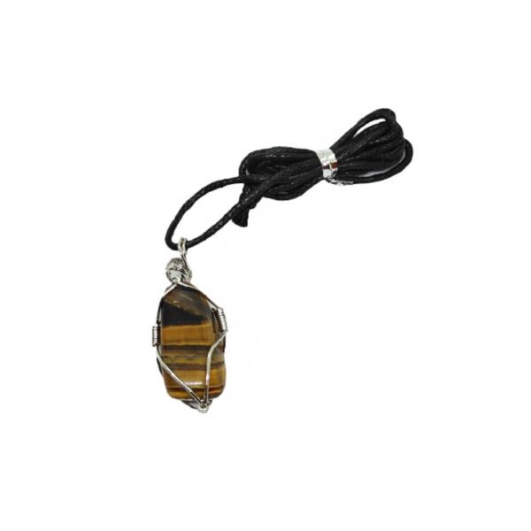 Wire Wrapped Gem Stone Black Cord Necklace (Gold Tiger Eye)