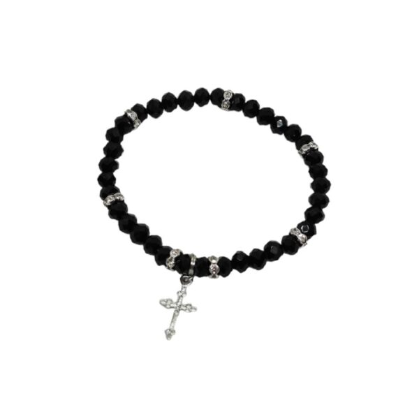 Black Bead Cross Bracelet (Faceted)